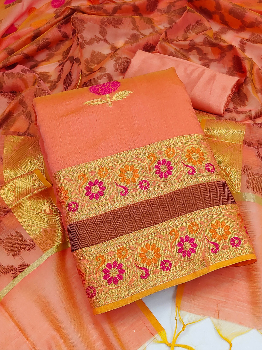 

MANVAA Floral Woven Design Unstitched Dress Material, Peach