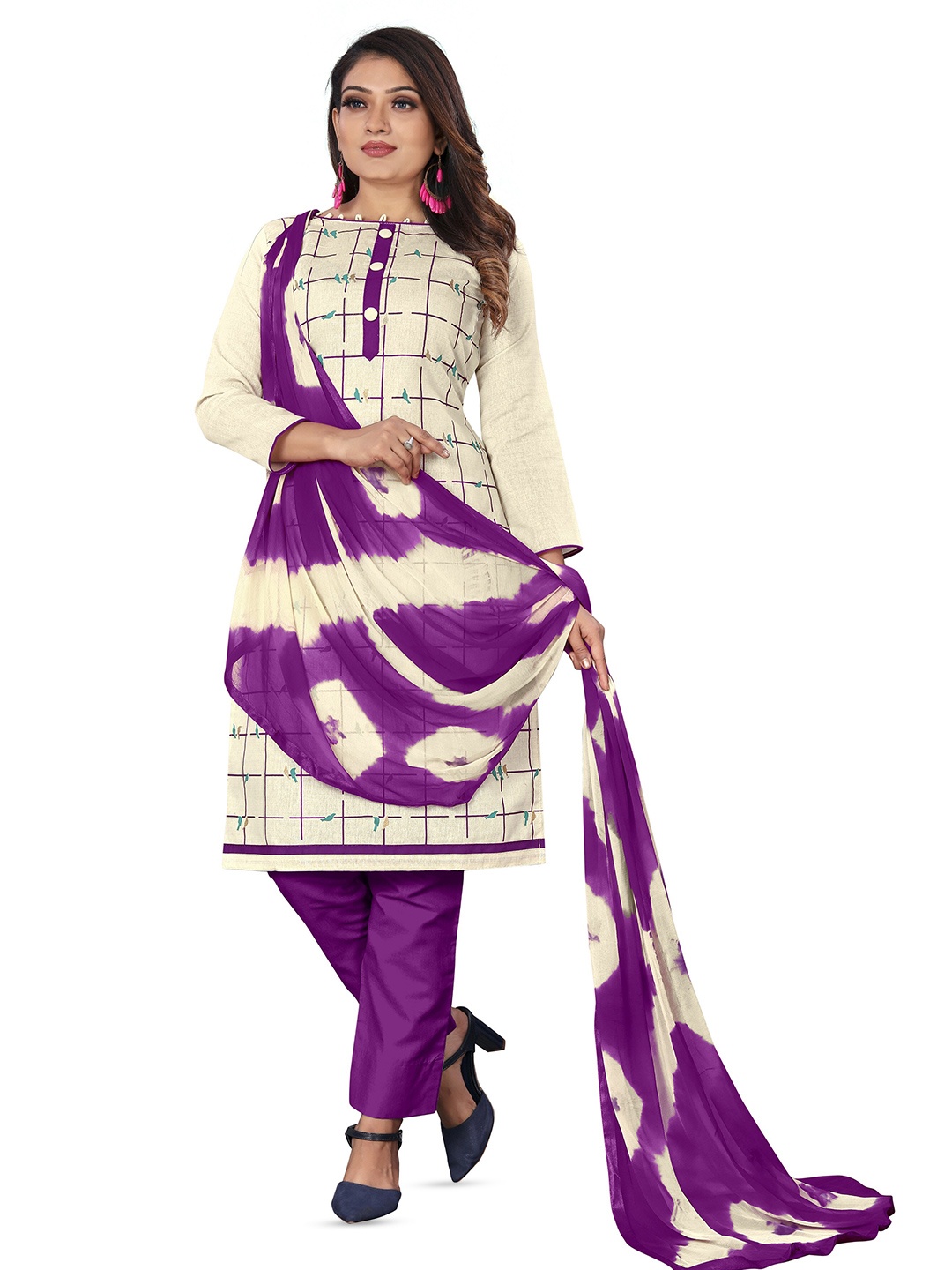 

MANVAA Checked Unstitched Dress Material, White