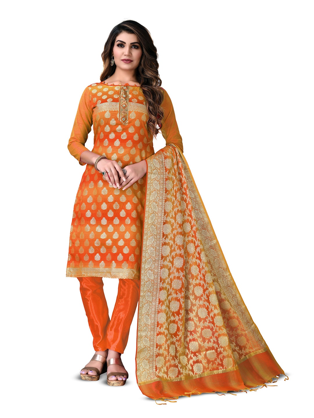 

MANVAA Floral Woven Design Gotta Patti Unstitched Dress Material, Yellow