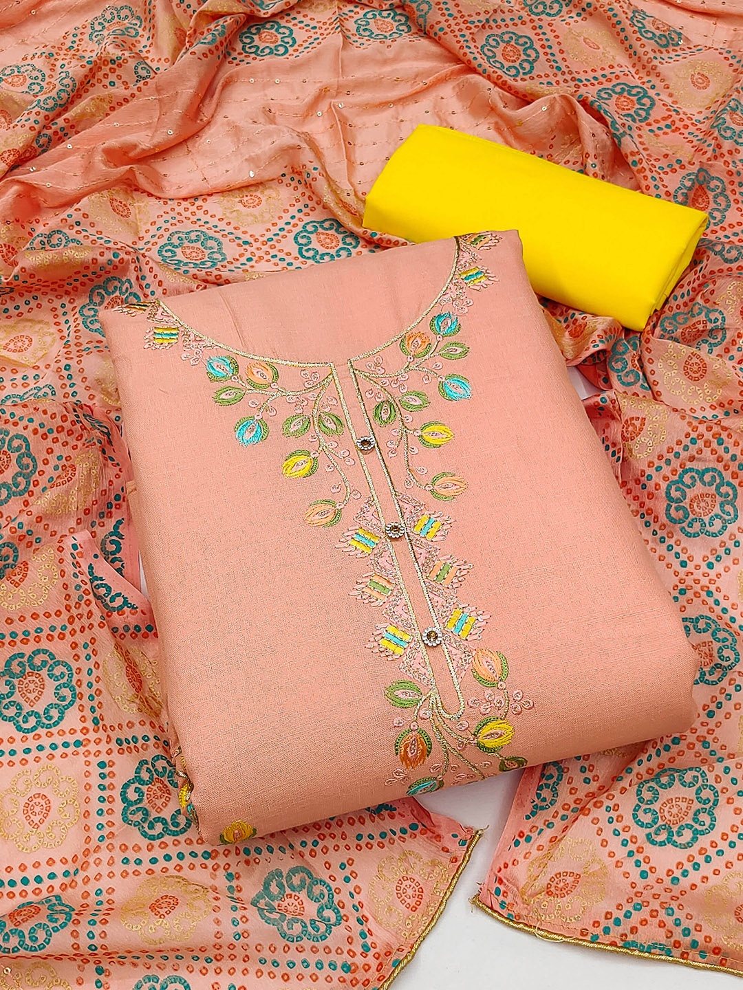 

MANVAA Embroidered Pure Cotton Unstitched Dress Material, Peach