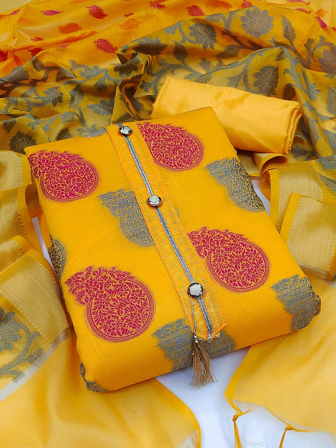 

MANVAA Woven Design Unstitched Dress Material, Yellow