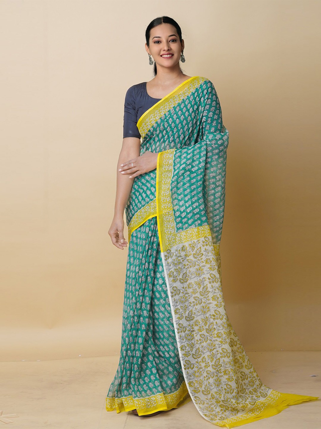

Unnati Silks Floral Printed Pure Cotton Handloom Kota Saree, Green