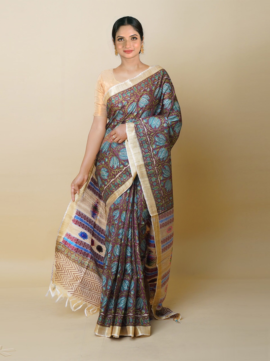 

Unnati Silks Ethnic Motifs Block Printed Zari Pure Silk Tussar Saree, Brown