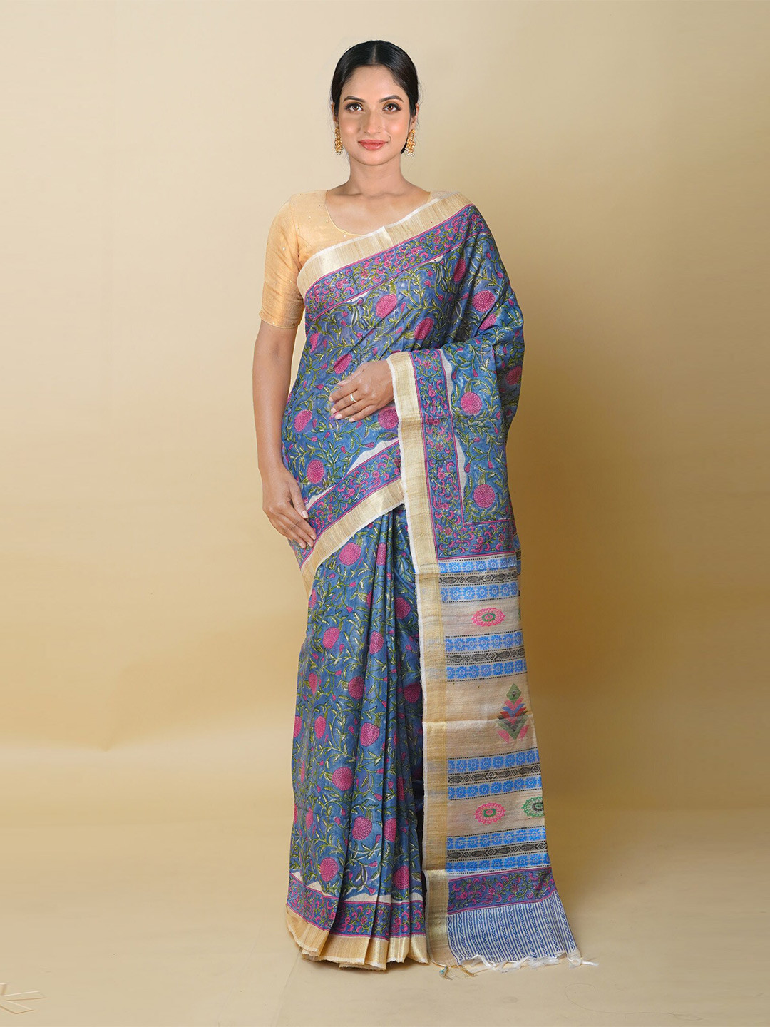

Unnati Silks Floral Printed Pure Silk Handloom Tussar Saree, Blue