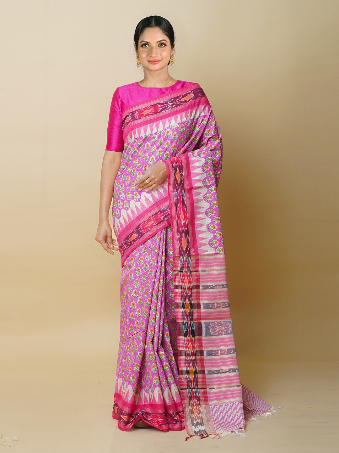 

Unnati Silks Floral Printed Pure Silk Tussar Saree, Pink