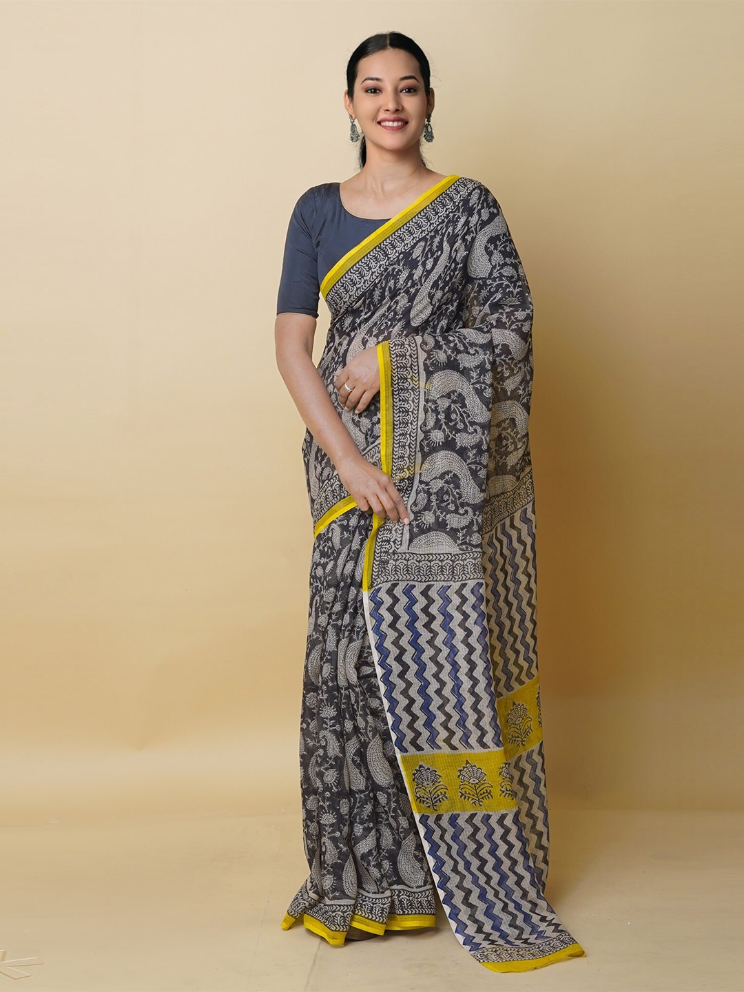 

Unnati Silks Paisley Bagru Printed Pure Cotton Kota Saree, Black