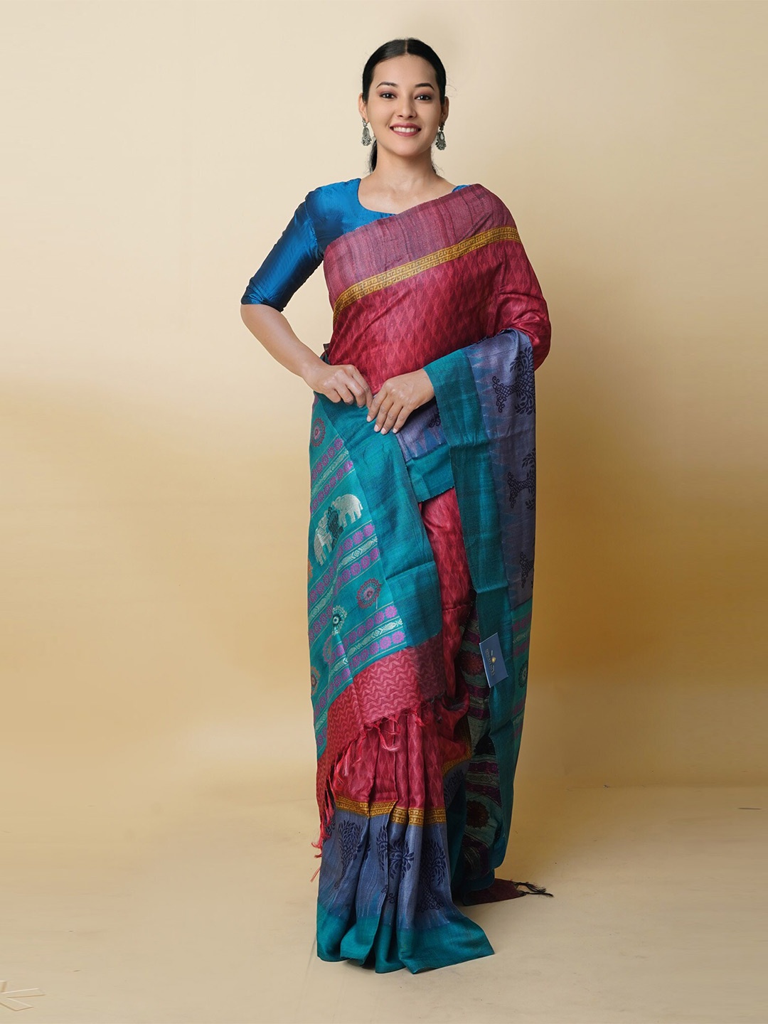 

Unnati Silks Geometric Printed Pure Silk Tussar Saree, Burgundy