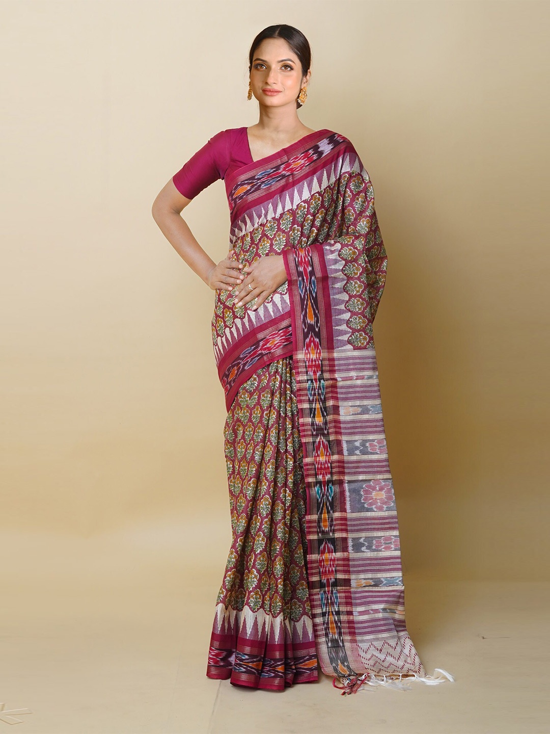 

Unnati Silks Ethnic Motifs Printed Pure Silk Handloom Tussar Saree, Burgundy