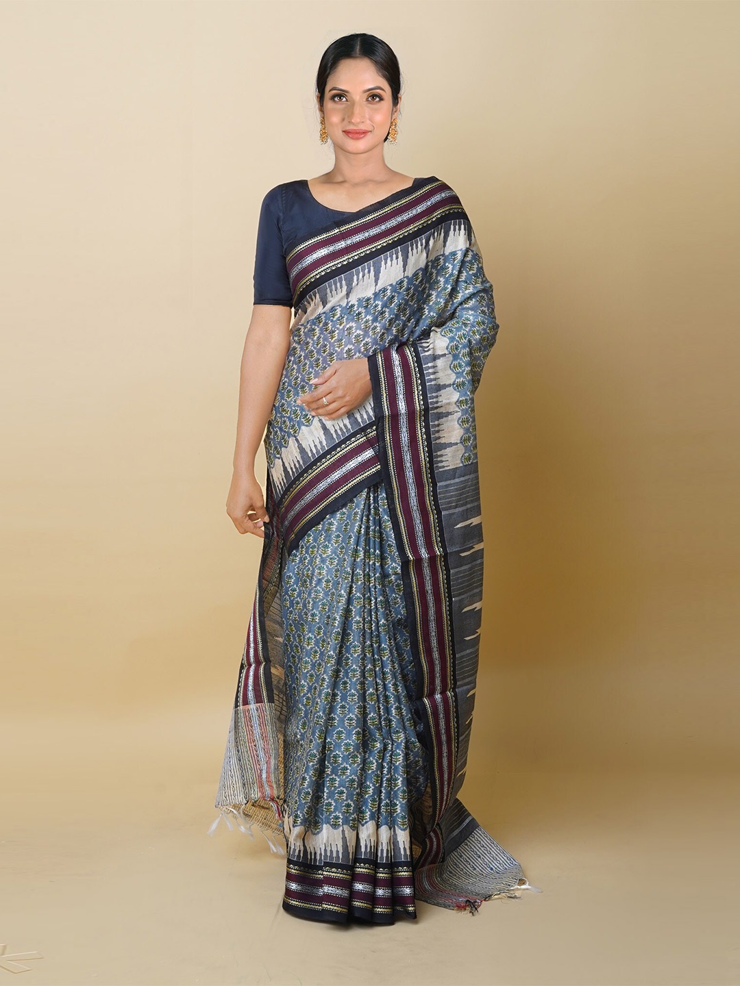 

Unnati Silks Ethnic Motifs Printed Pure Silk Handloom Tussar Saree, Blue