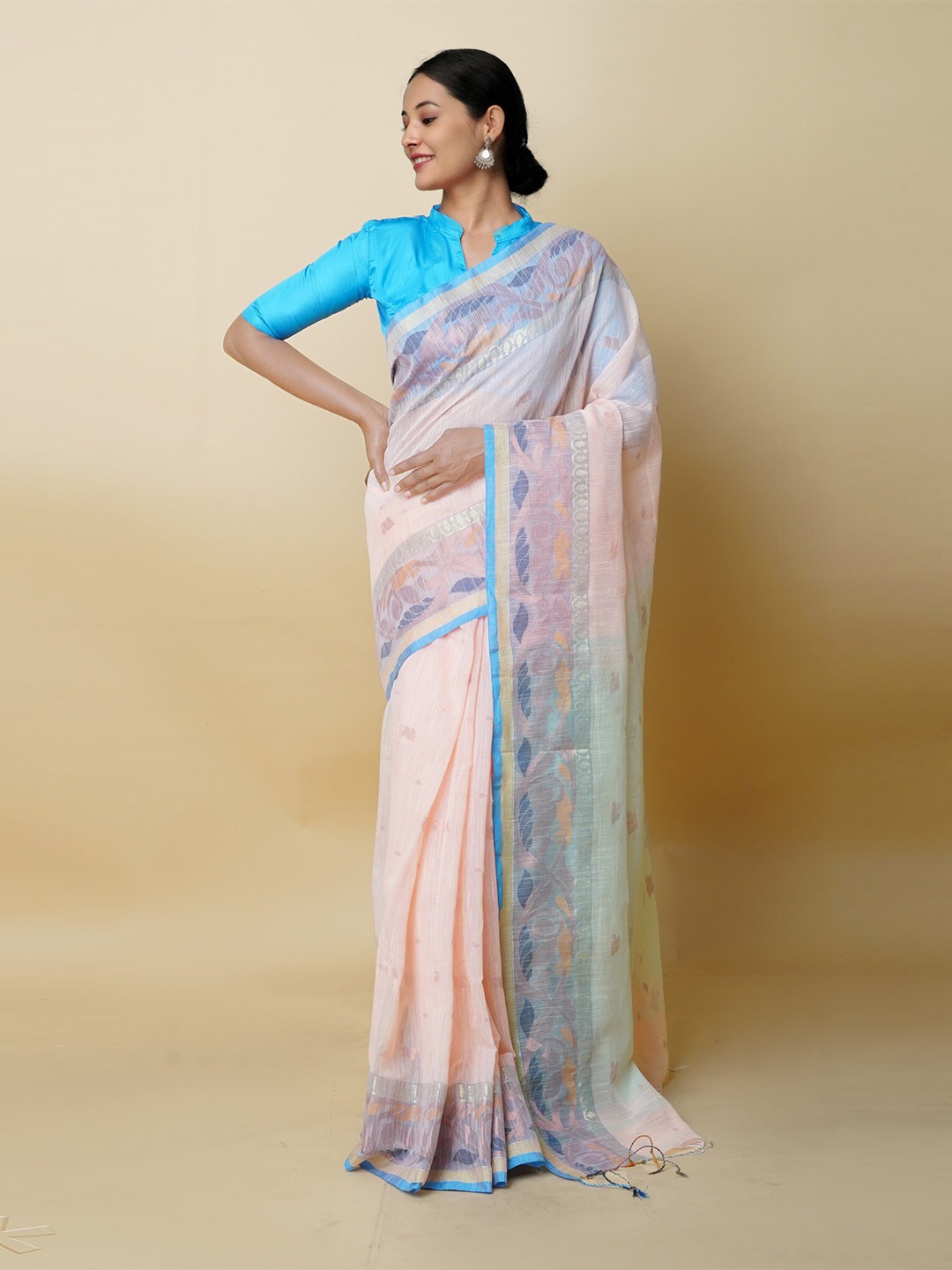 

Unnati Silks Ethnic Motifs Woven Design Silk Cotton Handloom Jamdani Saree, Peach