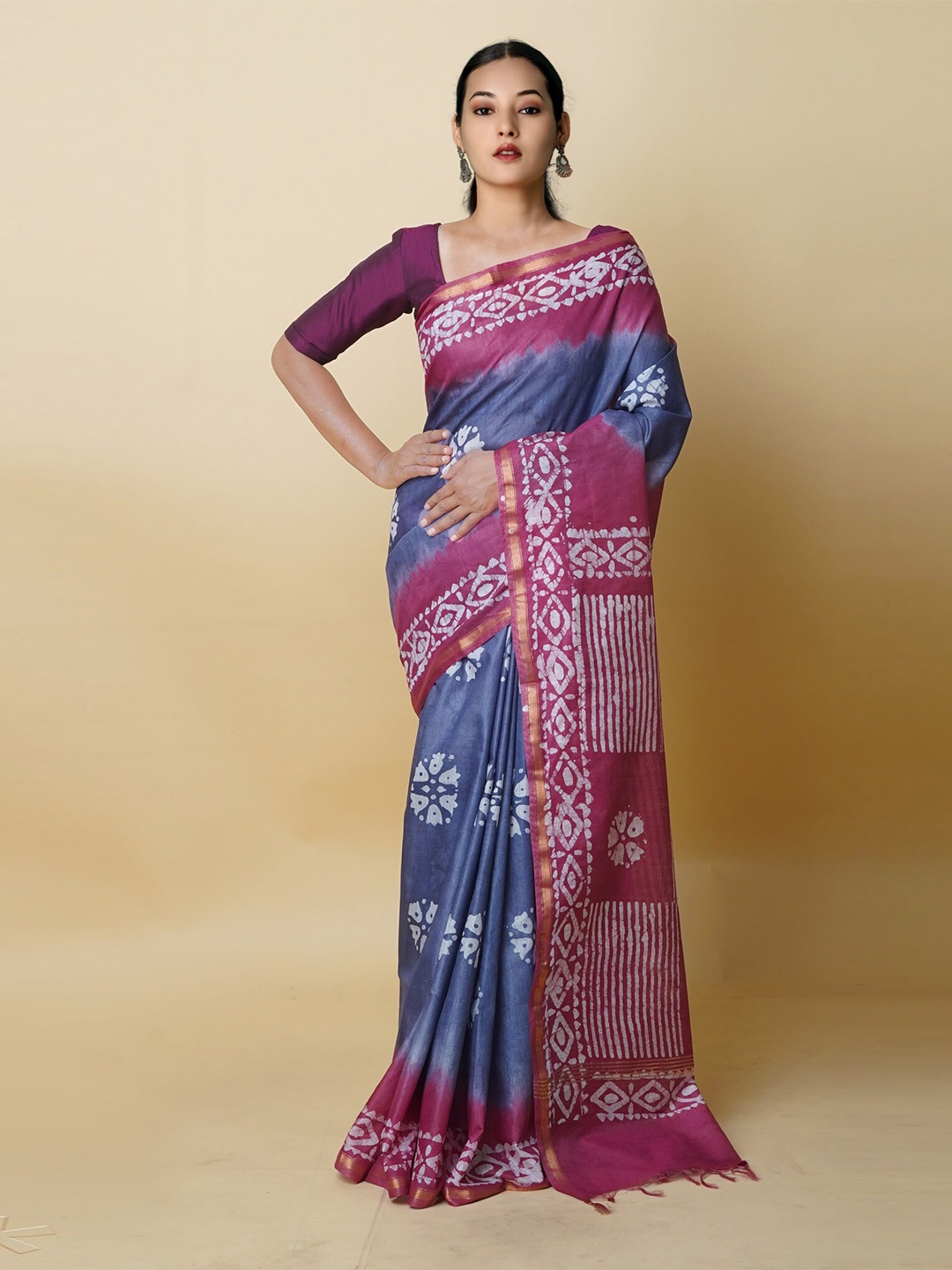 

Unnati Silks Batik Printed Silk Cotton Handloom Chanderi Saree, Purple