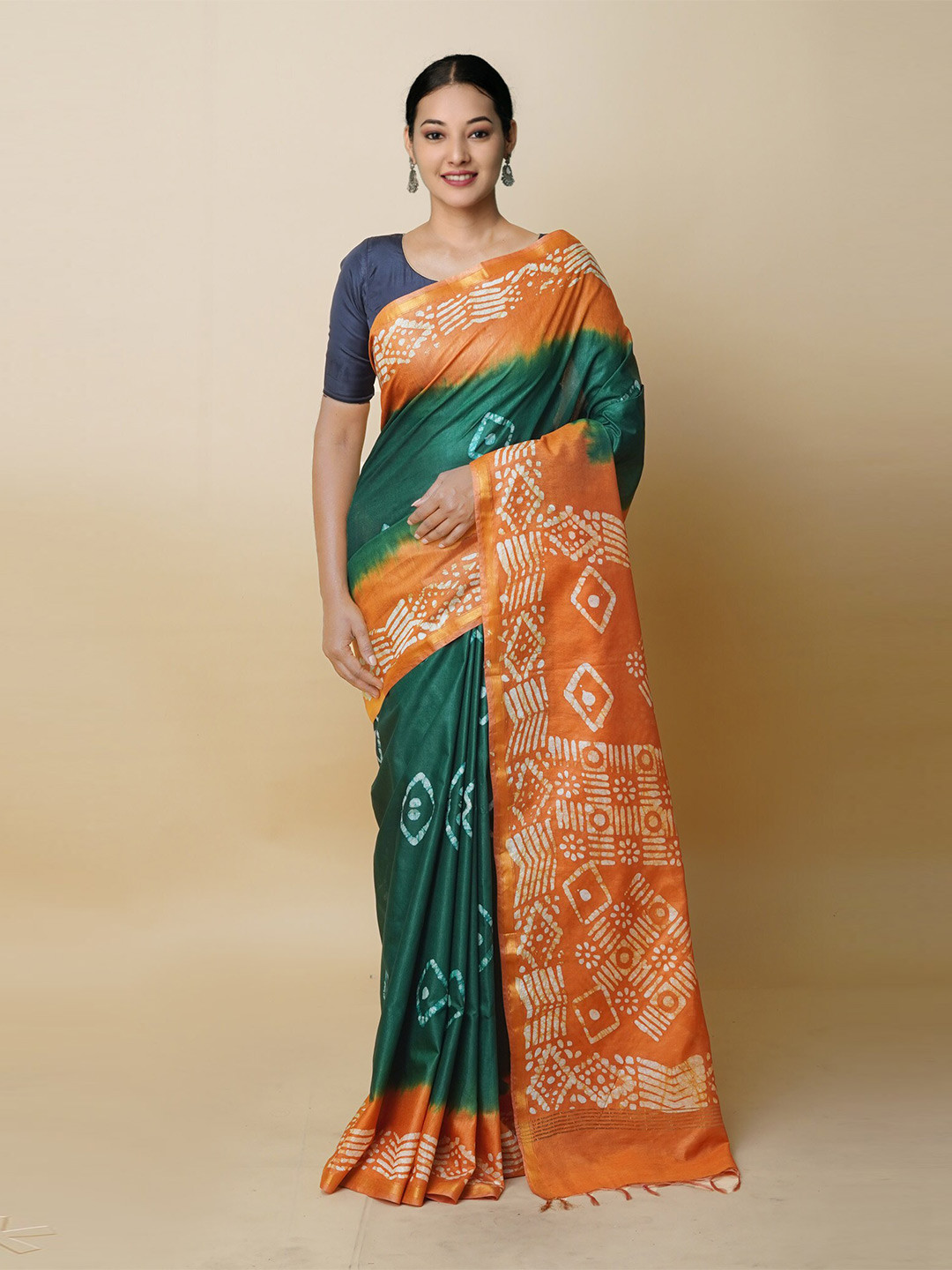 

Unnati Silks Batik Printed Zari Silk Cotton Chanderi Sico Saree, Green