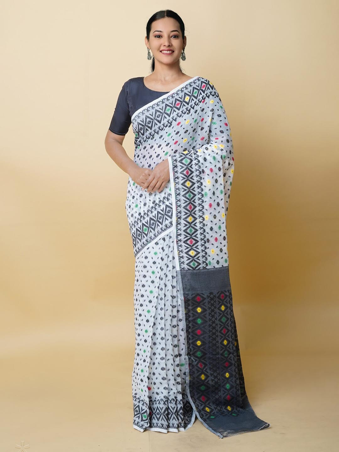 

Unnati Silks Ethnic Motifs Woven Design Bengal Cotton Silk Jamdani Saree, White