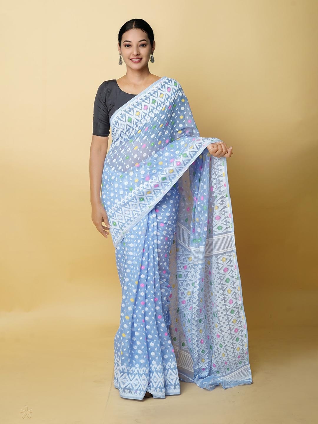 

Unnati Silks Ethnic Motifs Woven Design Bengal Cotton Silk Jamdani Saree, Blue