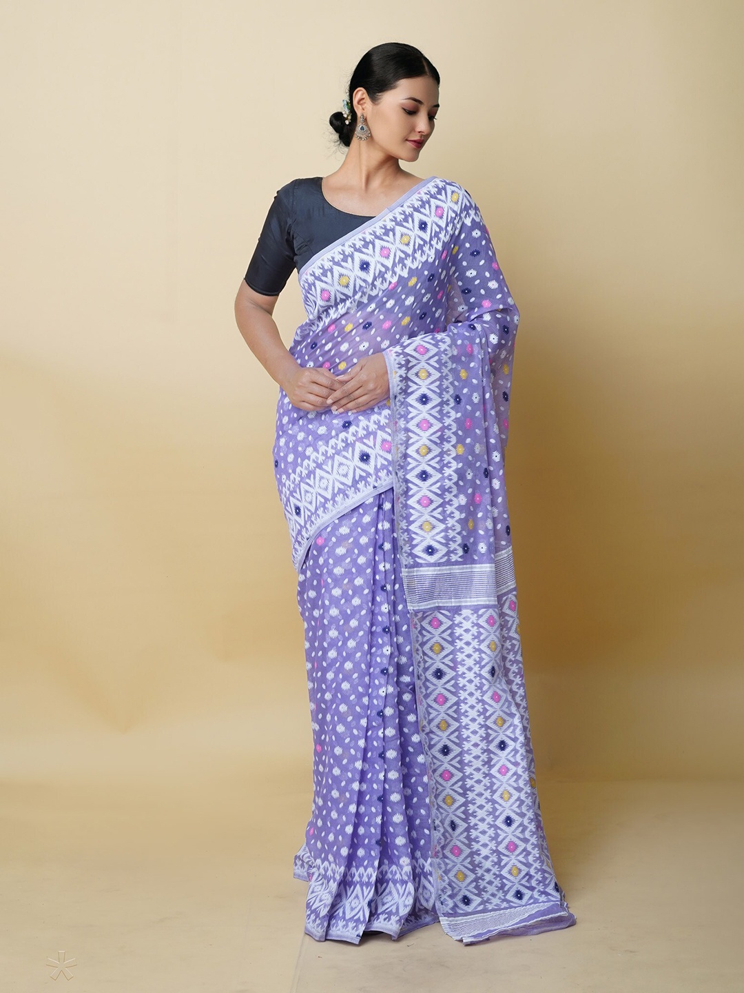 

Unnati Silks Ethnic Motifs Woven Design Bengal Cotton Silk Jamdani Saree, Lavender