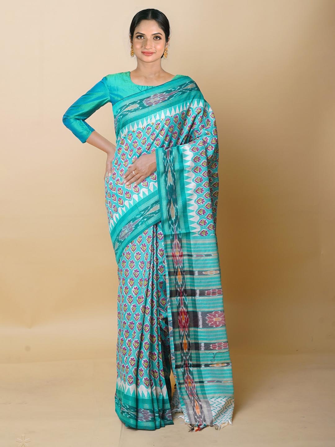 

Unnati Silks Ethnic Motifs Printed Pure Silk Handloom Tussar Saree, Turquoise blue