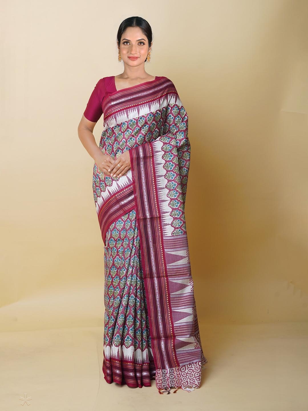 

Unnati Silks Ethnic Motifs Printed Pure Silk Tussar Saree, Burgundy