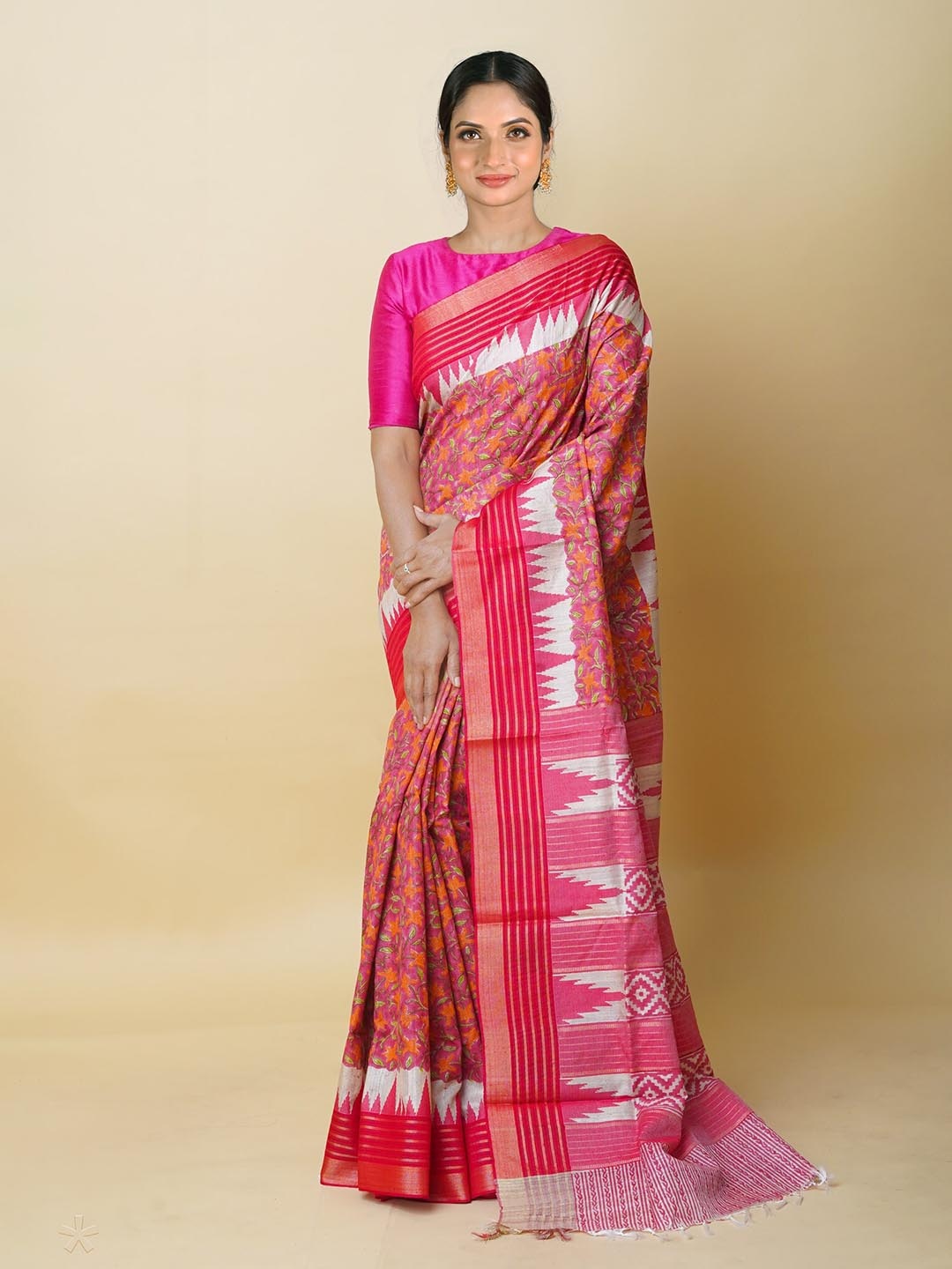 

Unnati Silks Ethnic Motifs Printed Pure Silk Handloom Tussar Saree, Pink