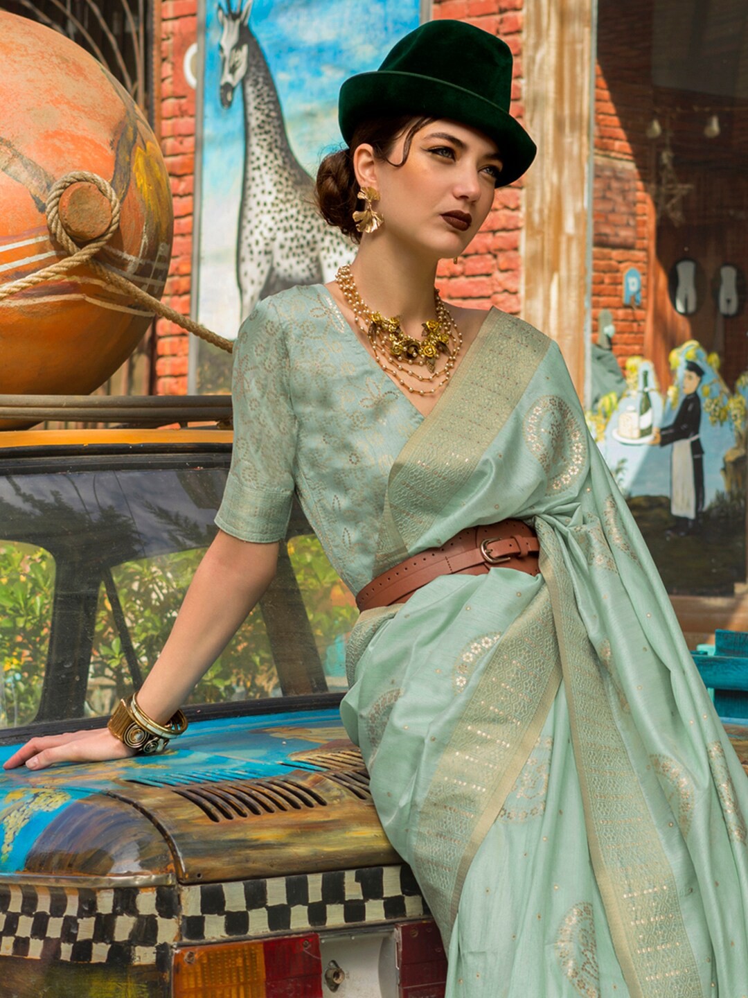 

Mitera Sea Green Ethnic Motifs Woven Designed Zari Banarasi Saree