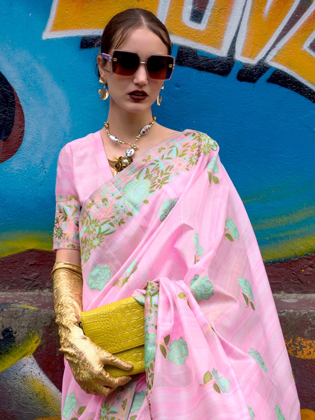

Mitera Pink Floral Woven Design Banarasi Saree