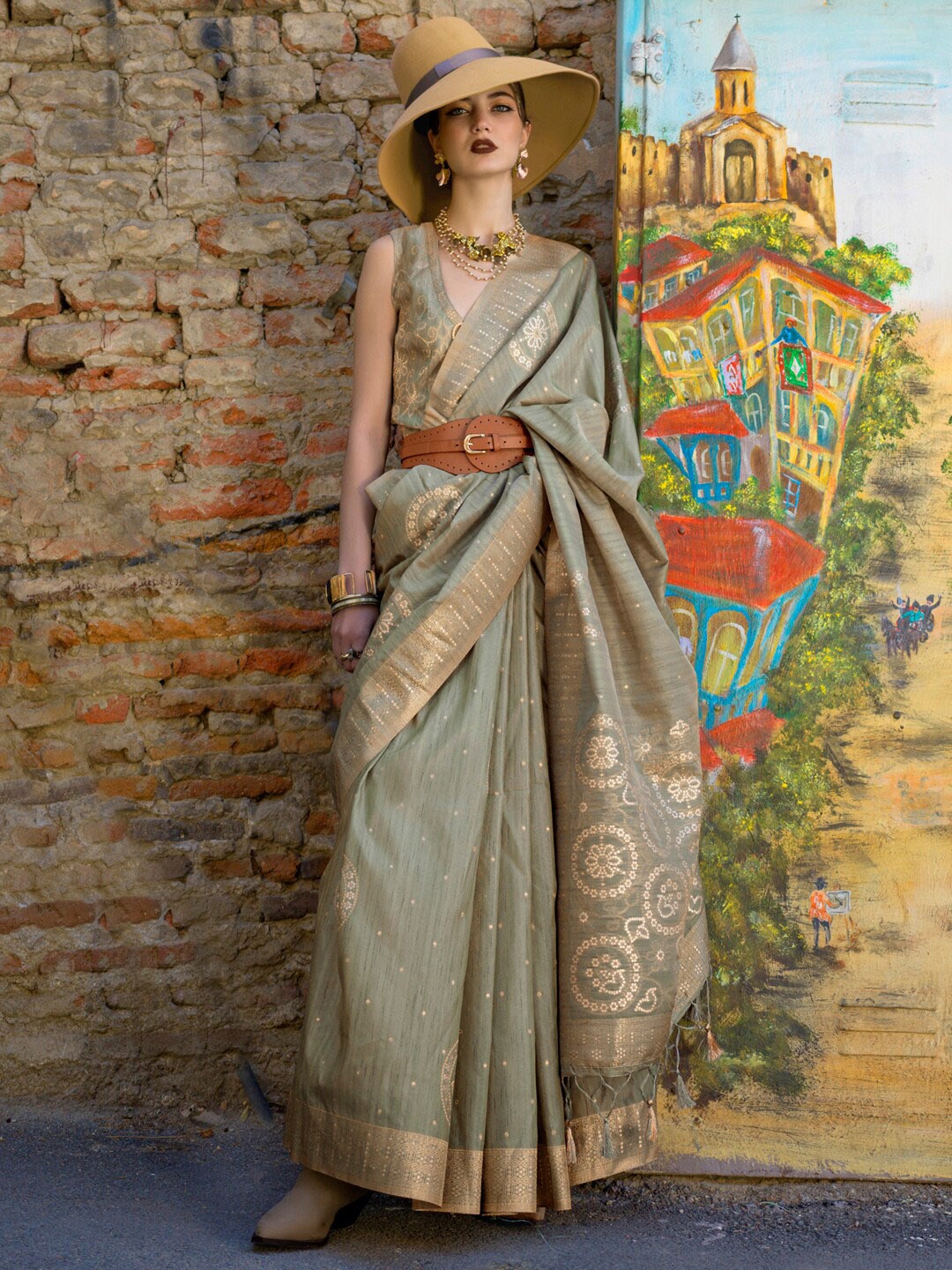 

Mitera Olive Green Ethnic Motifs Woven Design Zari Banarasi Saree