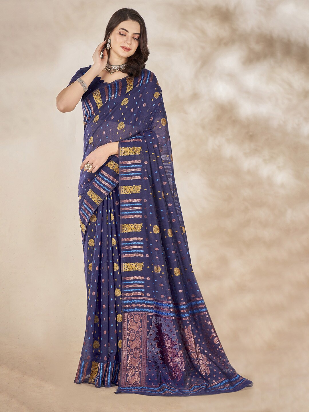 

Mitera Navy Blue Ethnic Motifs Woven Design Banarasi Saree