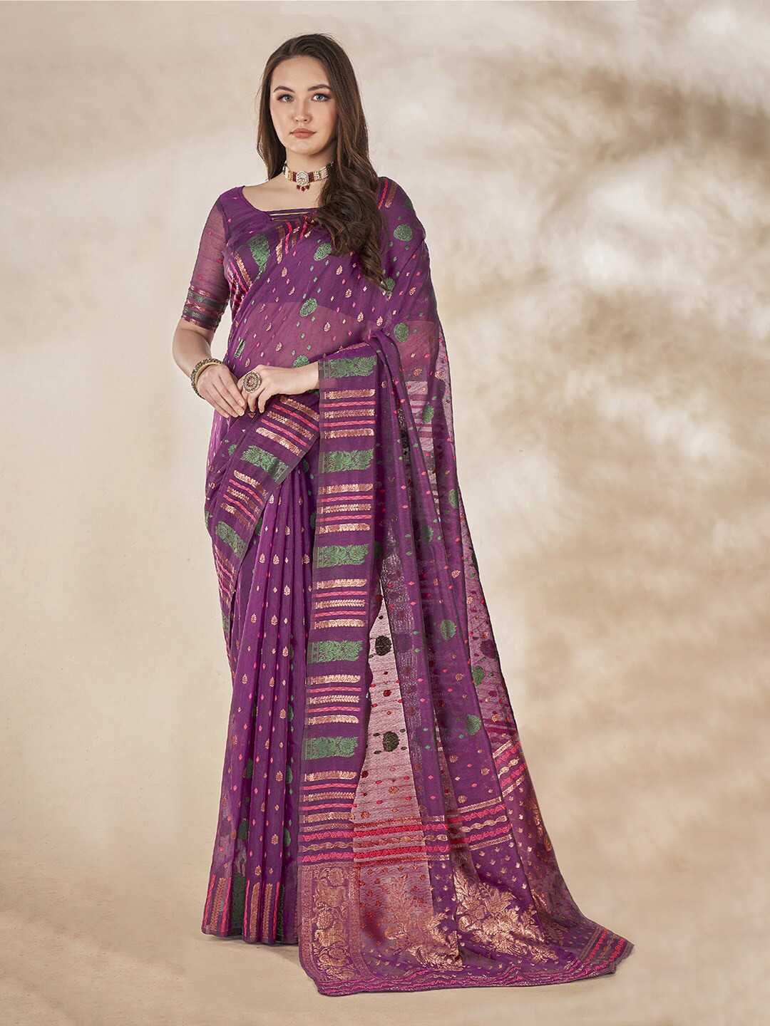 

Mitera Purple Ethnic Motifs Woven Design Zari Banarasi Saree