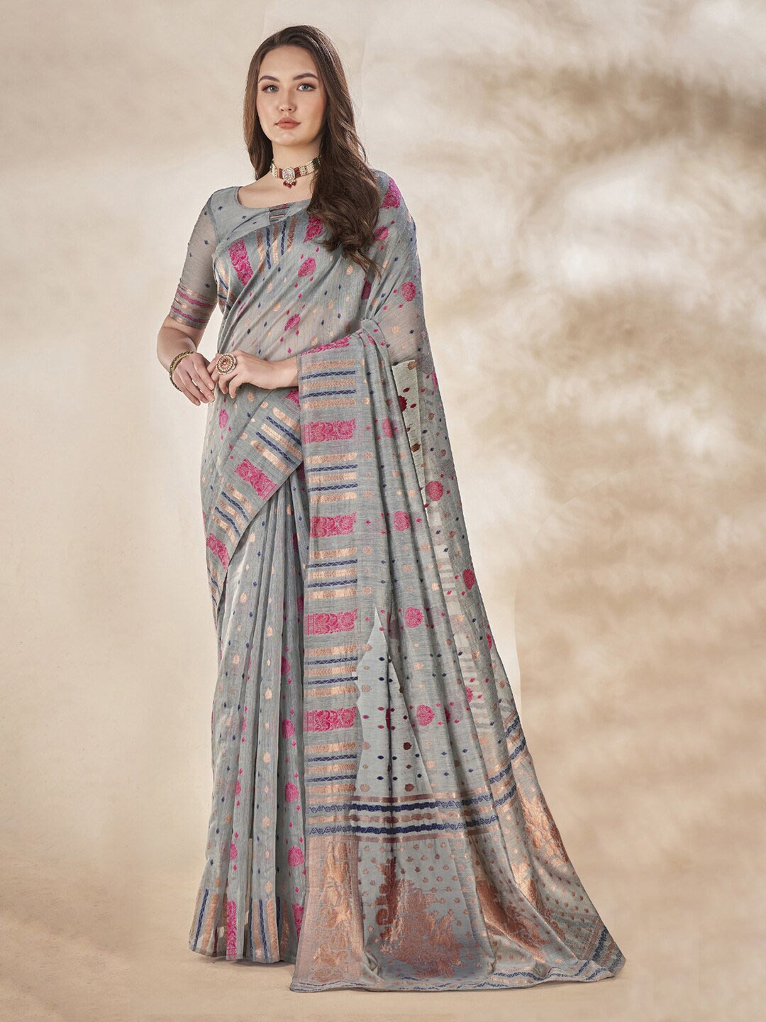 

Mitera Grey Ethnic Motifs Woven Design Zari Banarasi Saree