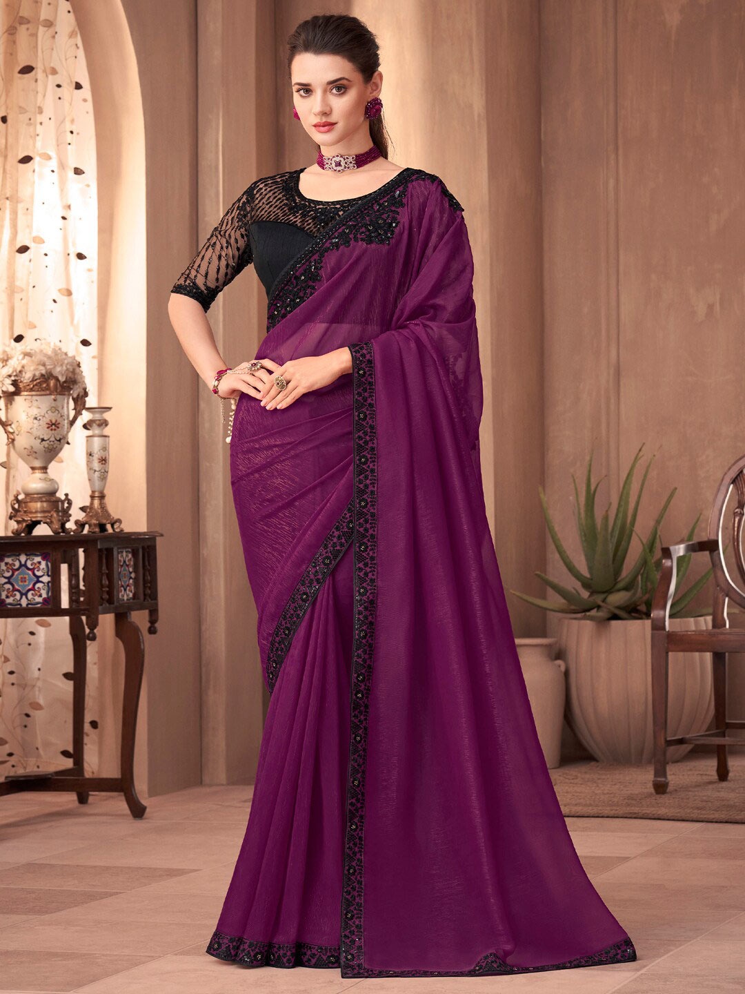 

Mitera Magenta Sequinned Poly Georgette Saree