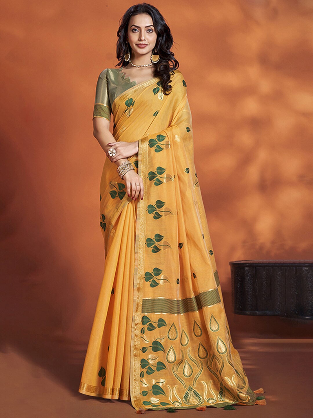 

Mitera Yellow Floral Woven Designed Zari Banarasi Saree
