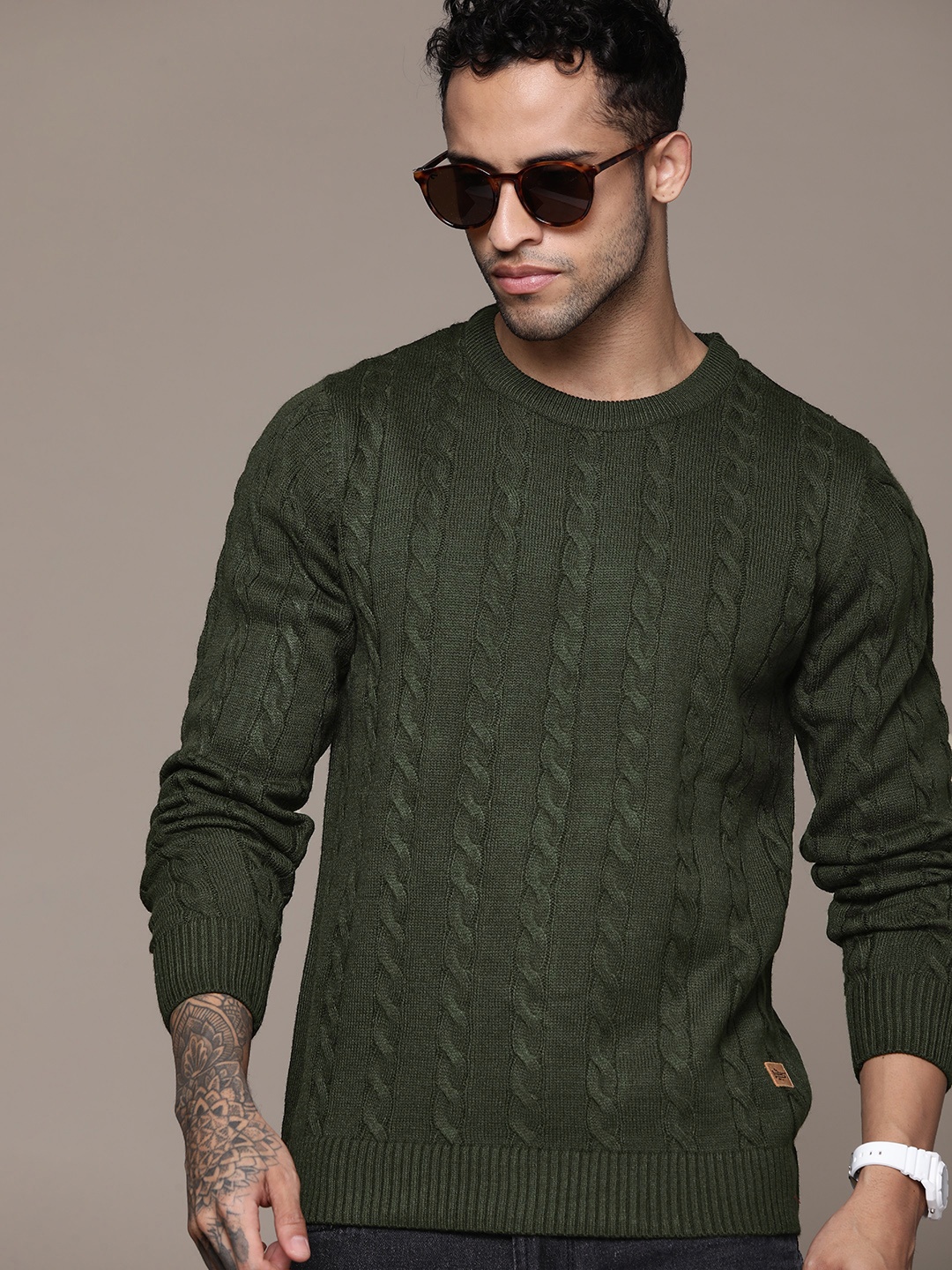 

Roadster Men Cable Knit Pullover, Olive