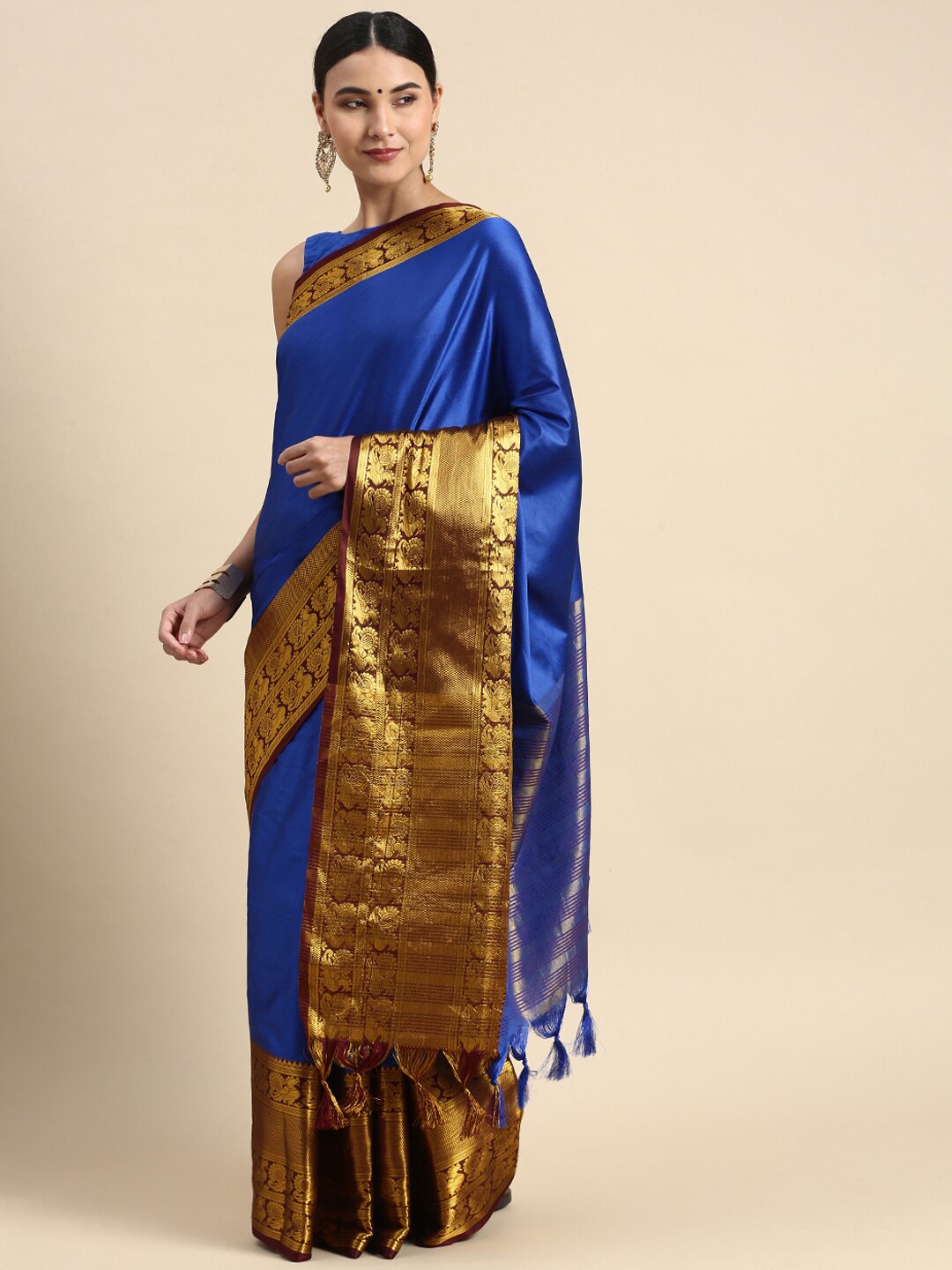 

DWINI Ethnic Motifs Design Zari Silk Cotton Banarasi Saree, Blue