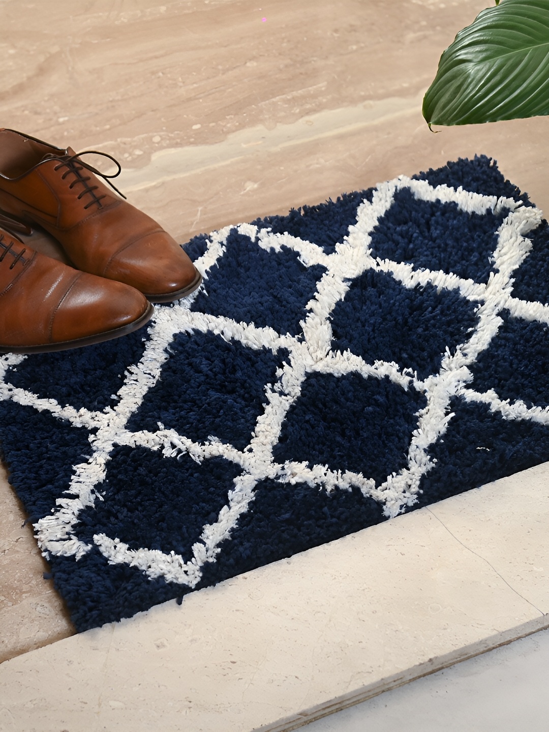 

FABURAA Elegance Navy Blue & White Microfiber Anti Skid Rectangular Doormat