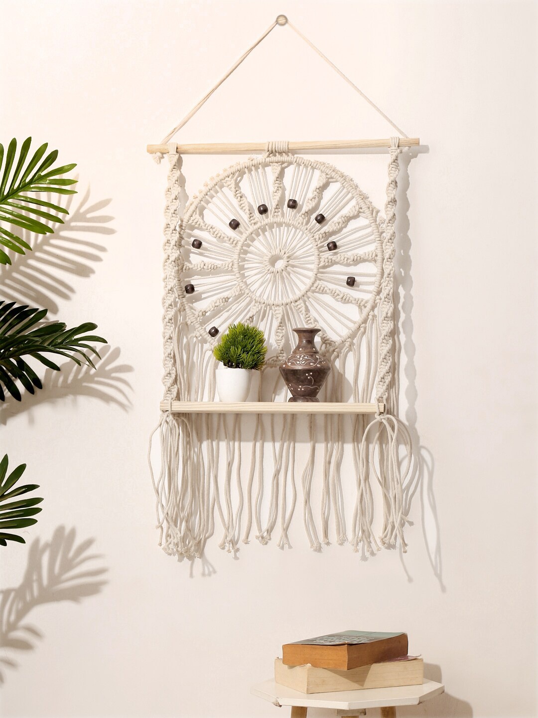 

FABINALIV Off White Abstract Macrame Wall Hanging Shelf With Beads Wall Decor