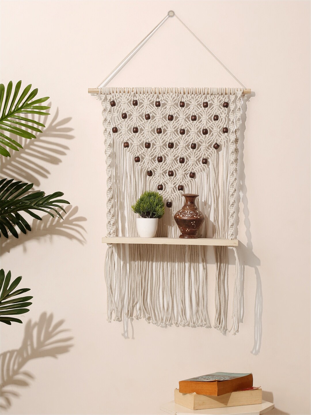 

FABINALIV Off White Macrame Wall Hanging With Shelf Wall Decor