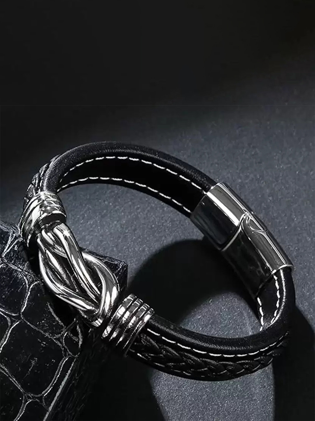 

KARISHMA KREATIONS Unisex Leather Silver-Plated Wraparound Bracelet