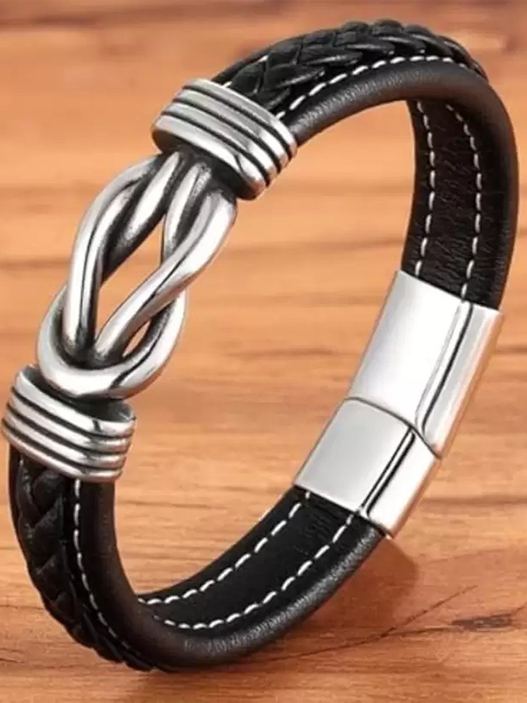 

KARISHMA KREATIONS Unisex Leather Silver-Plated Wraparound Bracelet
