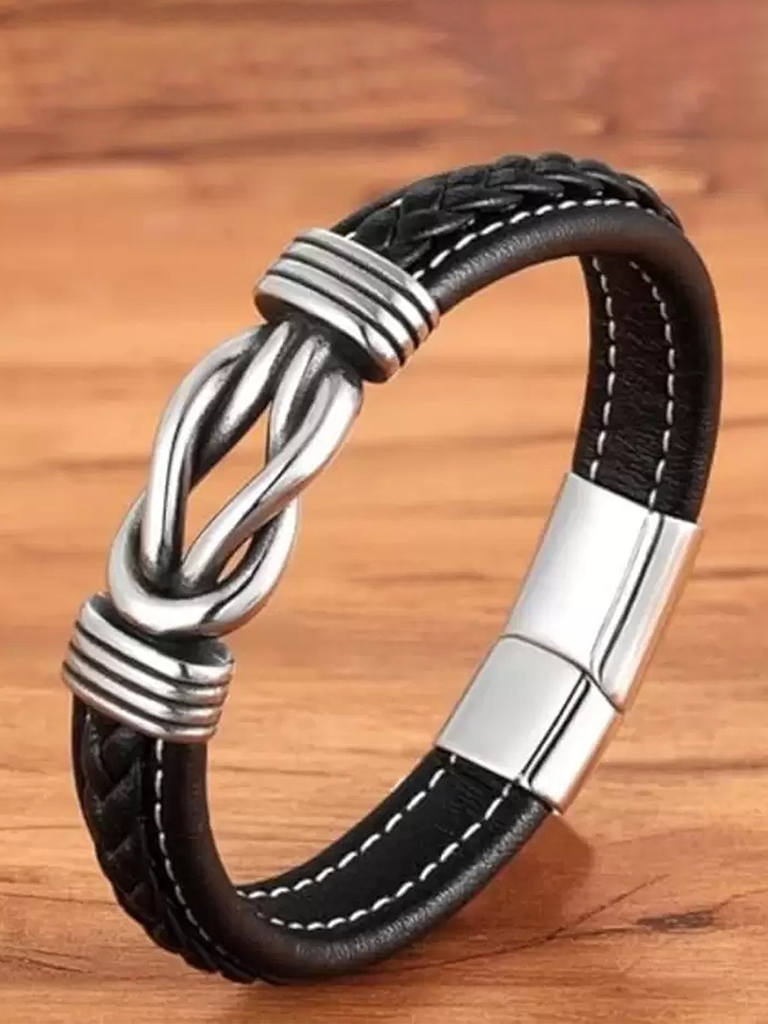 

KARISHMA KREATIONS Unisex Leather Silver-Plated Bracelet