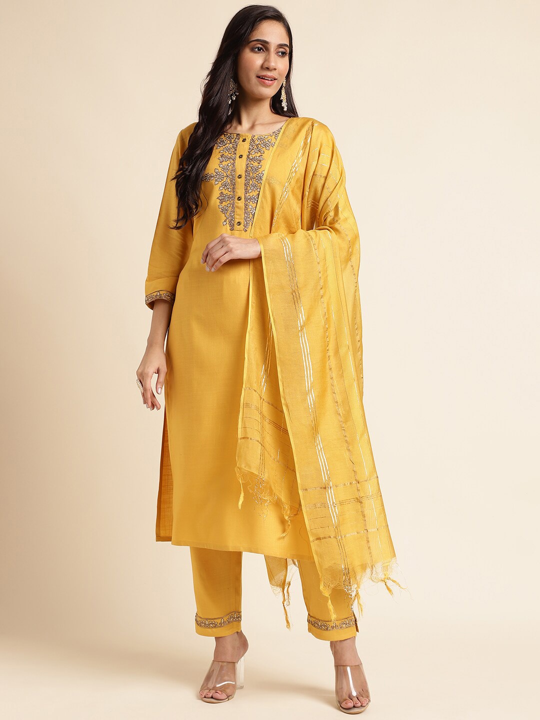 

FABMORA Floral Yoke Design Zari Pure Cotton Kurta With Trousers & Dupatta, Yellow