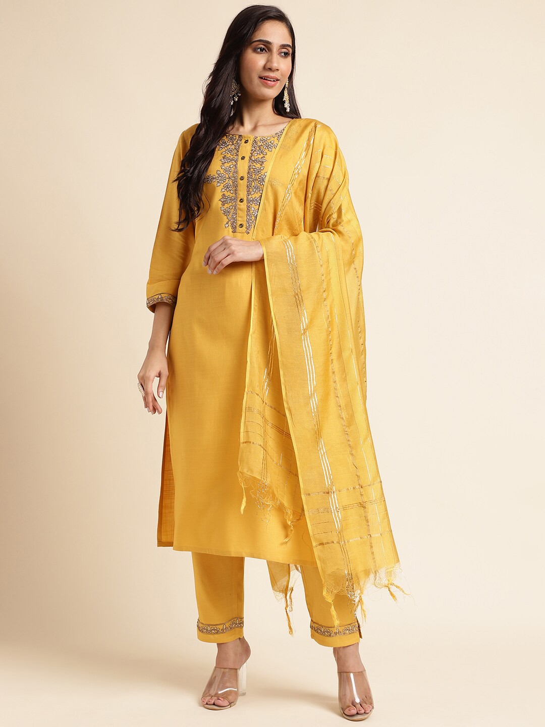 

FABMORA Ethnic Motif Yoke Design Straight Kurta & Trousers With Dupatta, Yellow