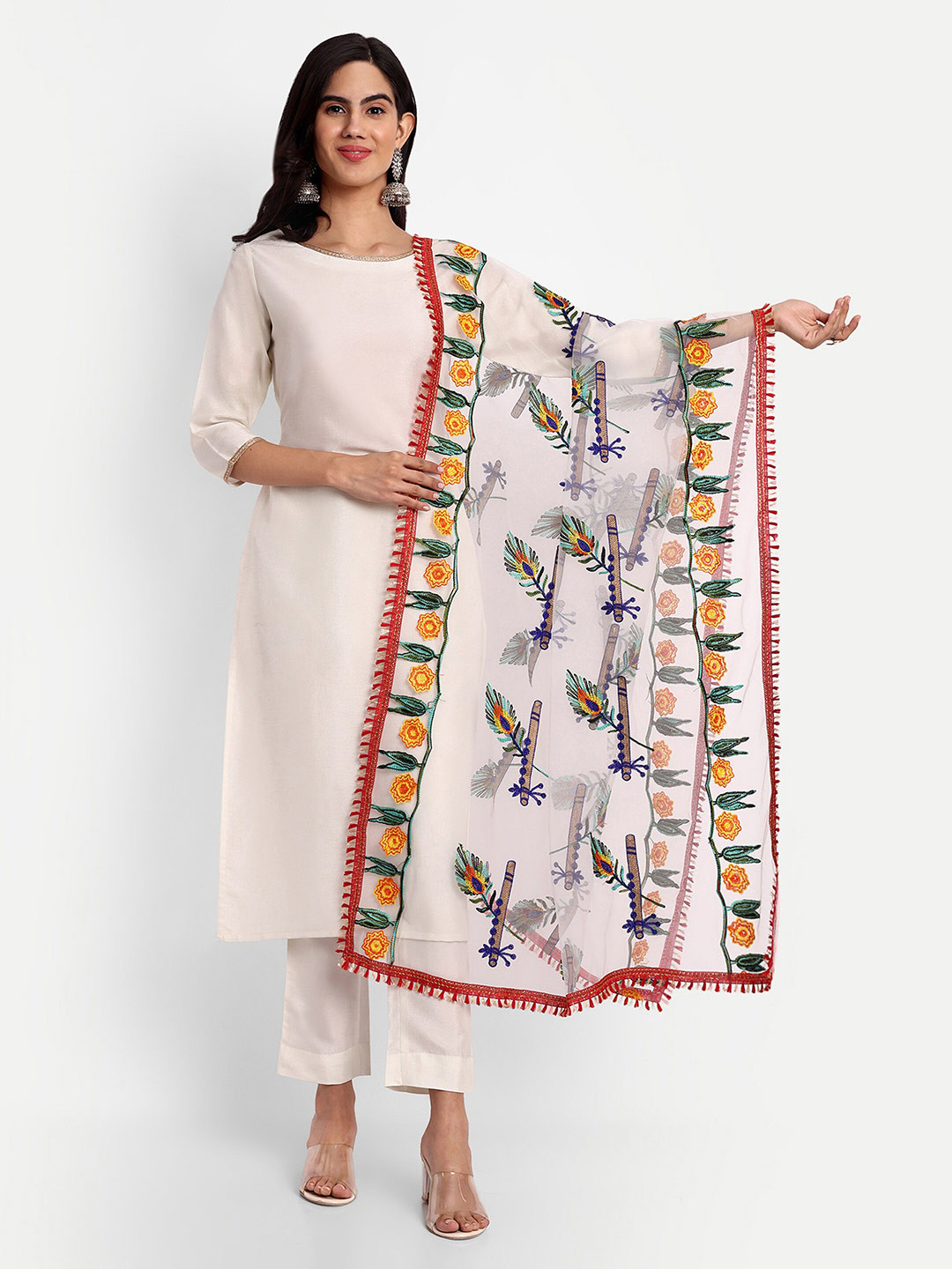 

CANIZZARO Ethnic Motifs Embroidered Dupatta With Phulkari, White