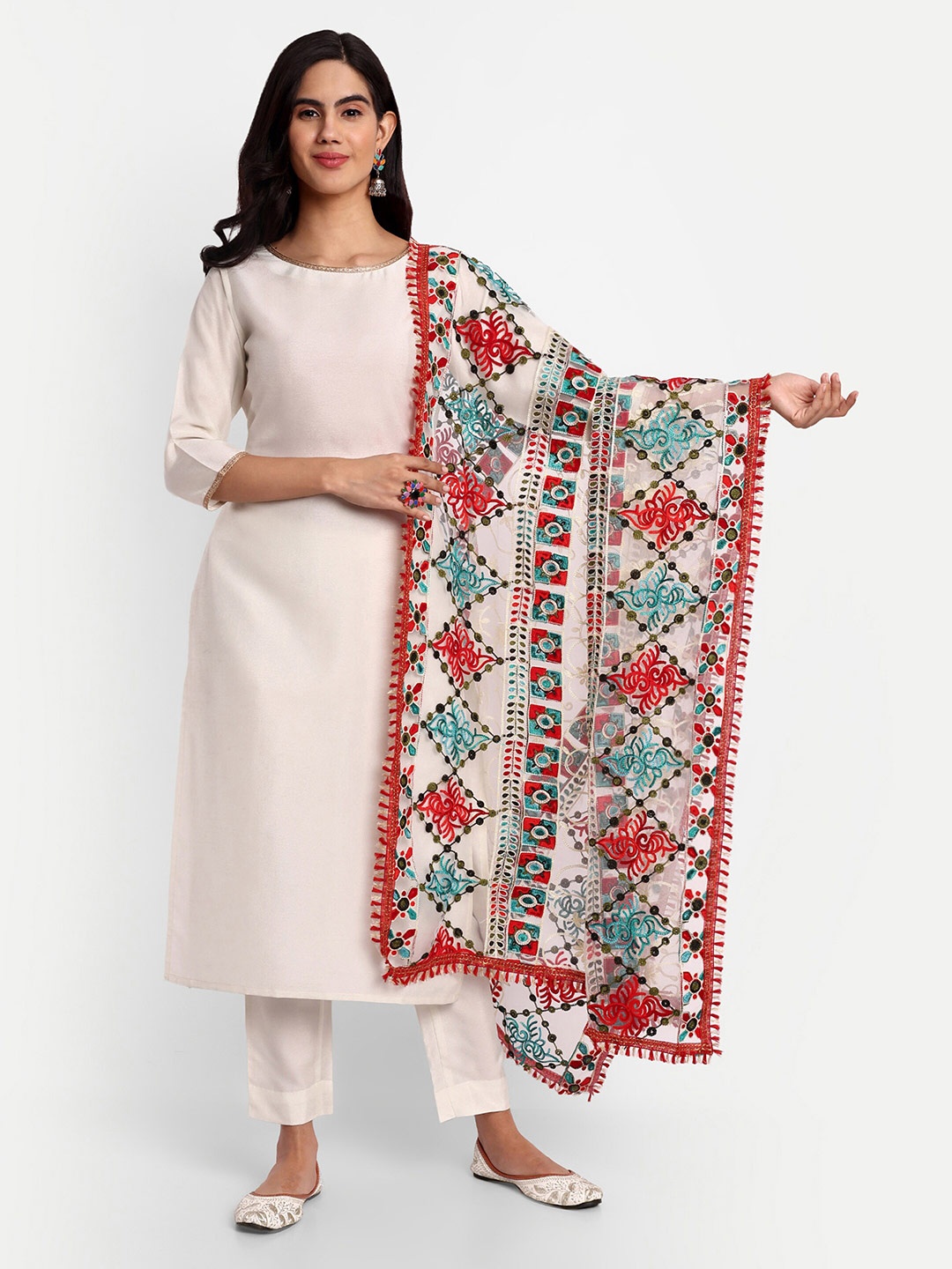 

CANIZZARO Ethnic Motifs Embroidered Phulkari Net Dupatta, White