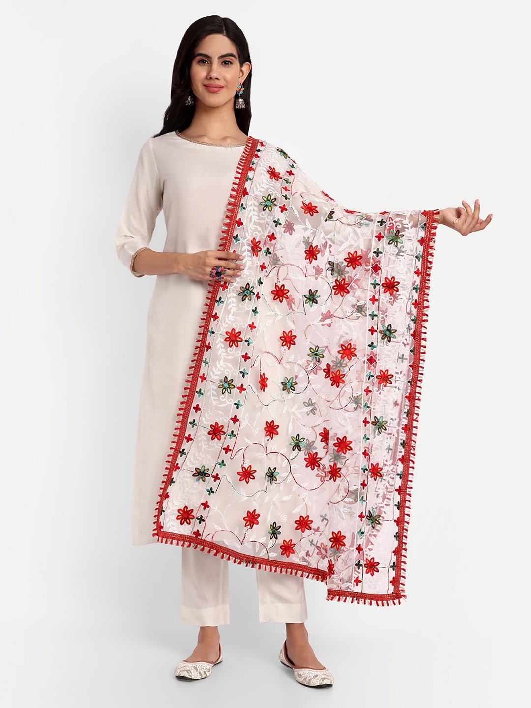 

CANIZZARO Ethnic Motifs Embroidered Dupatta With Phulkari, White