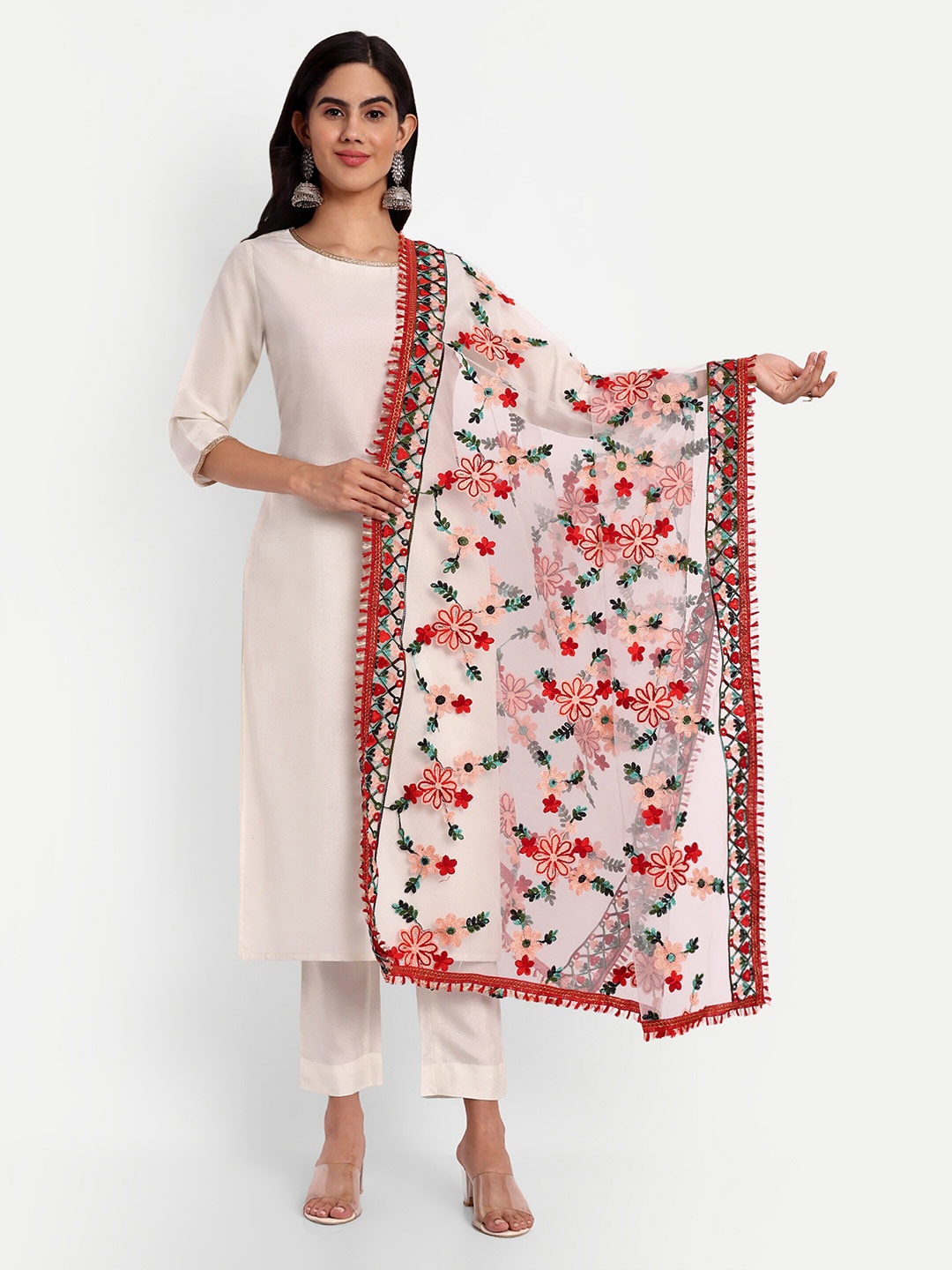 

CANIZZARO Ethnic Motifs Phulkari Embroidered Net Dupatta, White