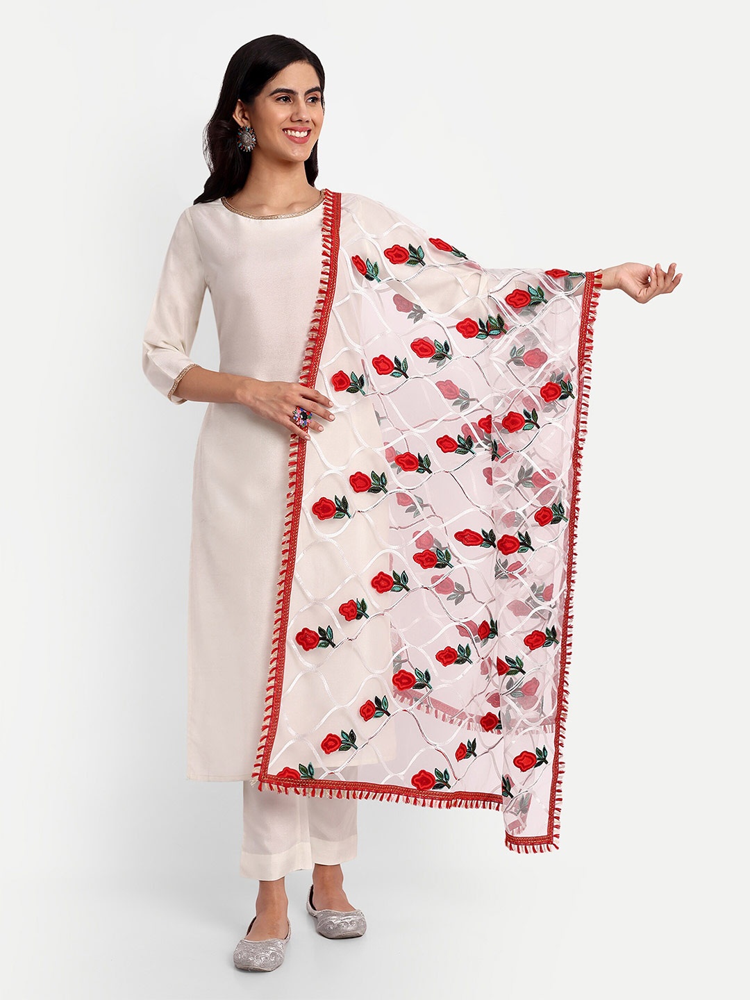

CANIZZARO Ethnic Motifs Embroidered Dupatta With Phulkari, White