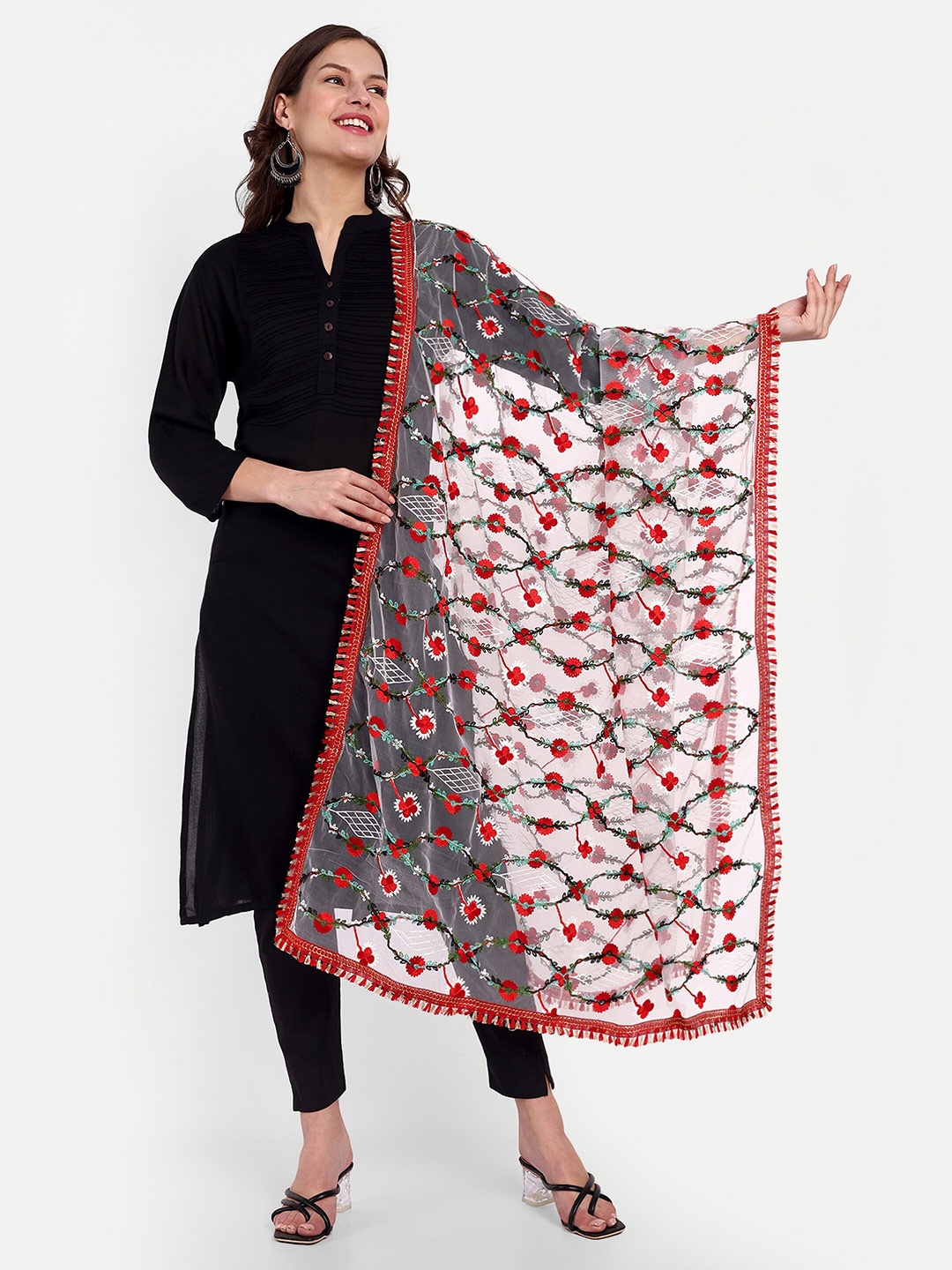 

CANIZZARO Ethnic Motifs Embroidered Dupatta With Phulkari, Red