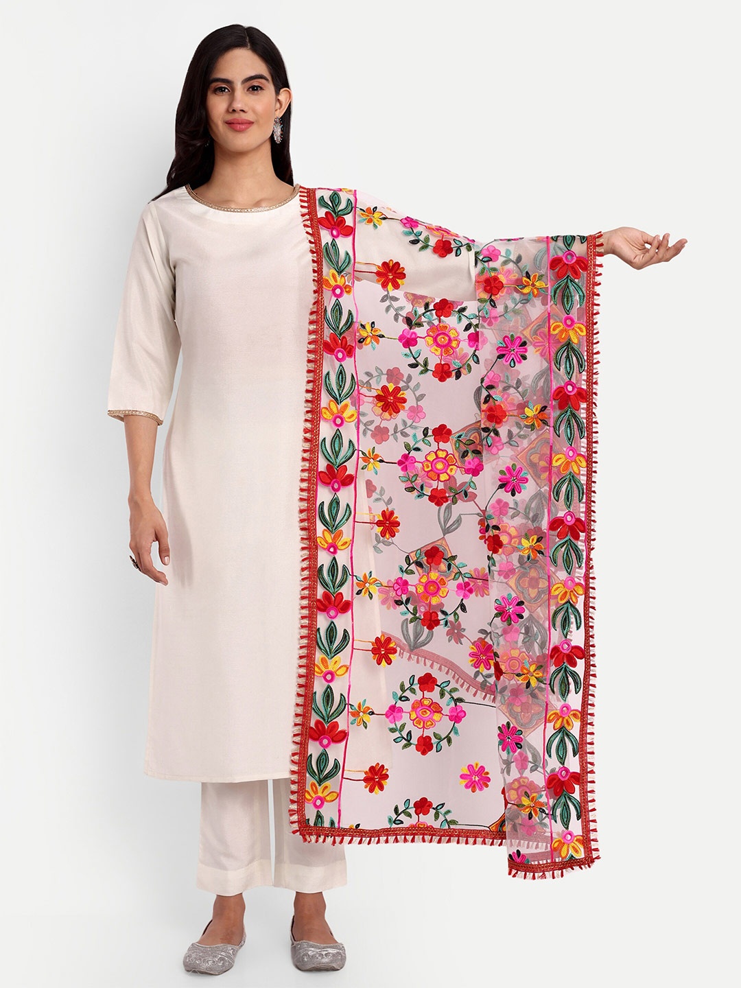 

CANIZZARO Ethnic Motifs Embroidered Dupatta With Phulkari, Red