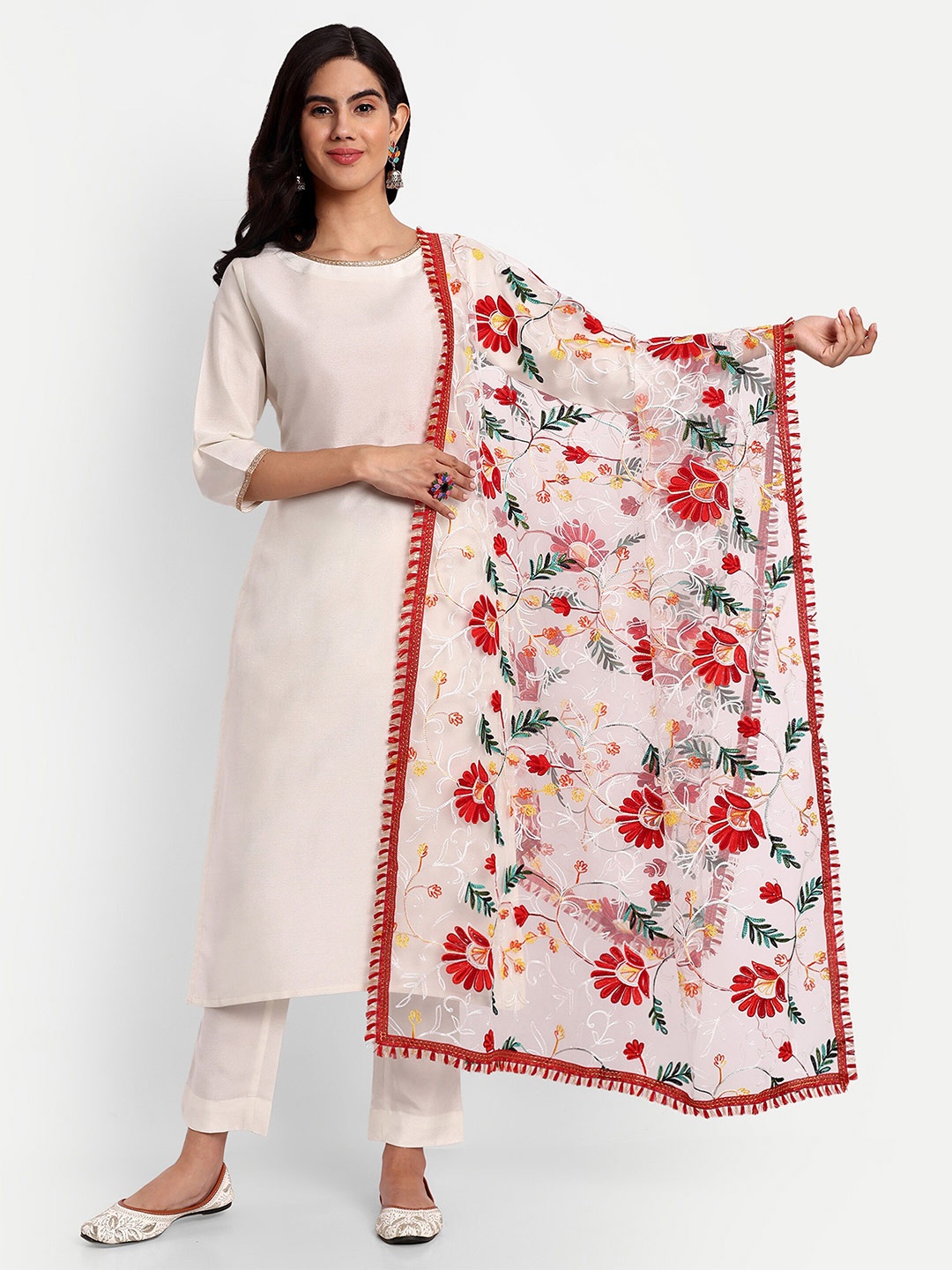 

CANIZZARO Ethnic Motifs Phulkari Embroidered Net Dupatta, White