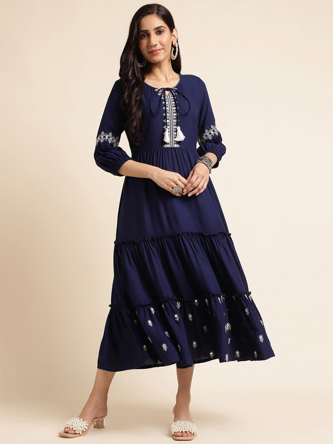 

FABMORA Tie Up Neck Fit and Flare Midi Dress, Navy blue