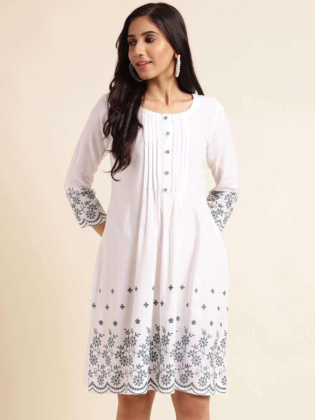 

FABMORA Embroidered Round Neck Empire Dress, White